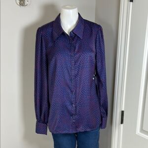 Modcloth Blouse Blue Heart Print Collared Button Up Womens Top Shirt Sz M NEW